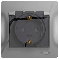 Розетка с заземлением с рамкой Systeme Electric Glossa 1-м. крышка шторки IP44 алюминий картинка